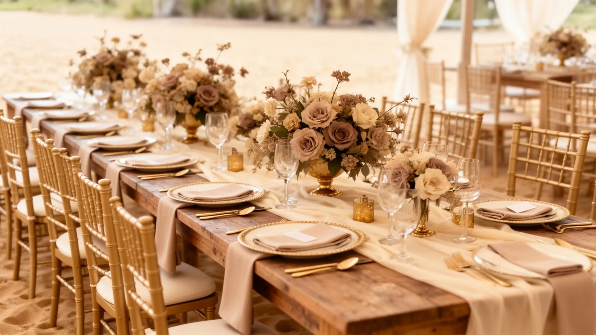 Elegant warm-toned wedding reception table setting